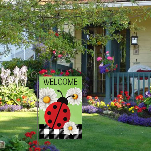 Ladybug Spring Summer Garden Flag 12x18 Inch Double Sided Ladybug Daisy Welcome Yard Flag Buffalo Plaid Check Burlap Banner Seasonal Farmhouse Dec...