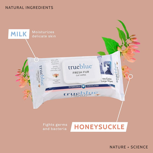 TrueBlue Milk & Honeysuckle Fresh Fur Cat Cleaning Wipes - Pre-Moistened Cleansing Pads for Cleaning Dirty Paws, Coats, Cats, Kittens – Extra Larg...