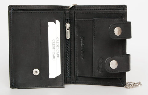 FLW Spacious Black Biker's Genuine Leather Wallet with a Chain...