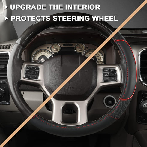 GIANT PANDA Car Steering Wheel Cover for Dodge Ram 1500 2500 3500 - Black+Red Trim...