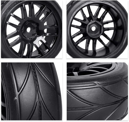 4-Pack 1:10 Scale RC On-Road Racing Tires and Wheels with Foam Inserts 12mm Hex Hub Fits for Traxxas Redcat Tamiya TT-02 (Color A)...