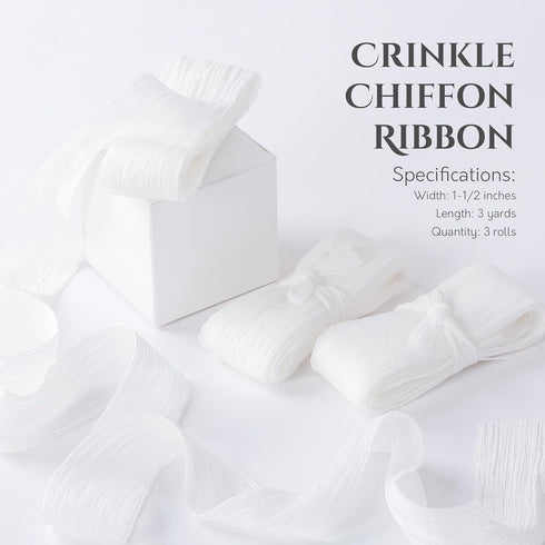 White Ribbon Crinkle Chiffon 1 1/2 Inch Handmade Tulle Fabric Silk Ribbon for Flower Bouquet Wedding Decor Gift Wrapping 3 Rolls 9 Yd...