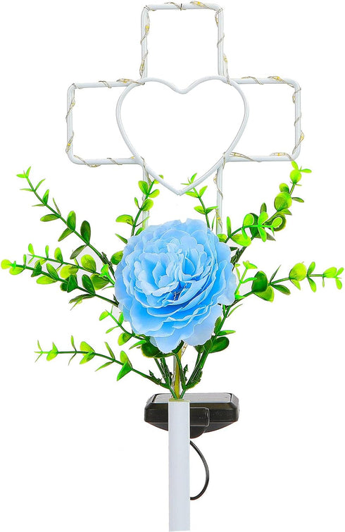 16 Inch Solar Cross Garden Stake Lights with 1 Artificial Flower Metal Garden Art for Patio Lawn Garden Decor Solar Outdoor love Sign for Gravesit...