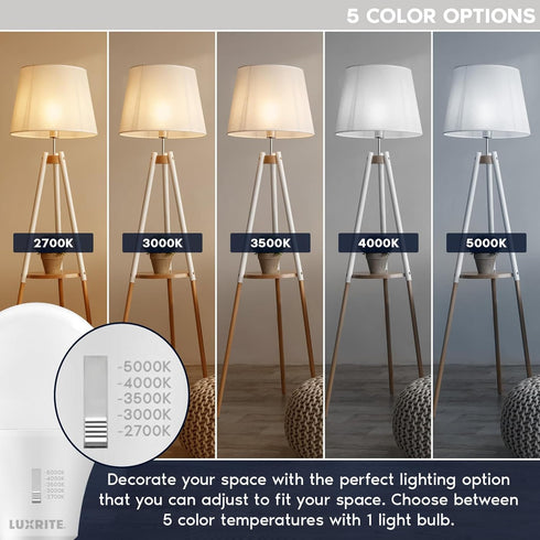 LUXRITE A19 LED Light Bulb 75 Watt Equivalent, CRI90, 5CCT Selectable 2700K 3000K 3500K 4000K 5000K, Dimmable, 1100LM, Standard LED Light Bulbs 11...