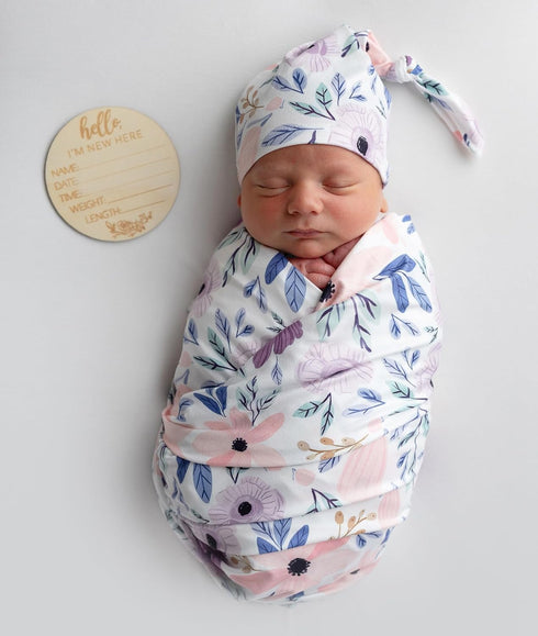 Newborn Baby Girl Receiving Blanket Swaddle Blanket Stretchy Knit Swaddle Set with Matching Headband Beanie with a Name Card (Pink and Purple Flor...