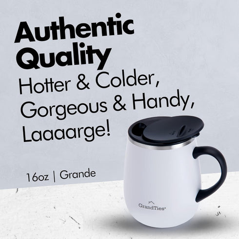 GRANDTIES Insulated Coffee Mug with Handle - Sliding Lid for Splash-Proof 16 oz Wine Glass Shape Thermal Tumbler with Double Walled Vacuum Stainle...