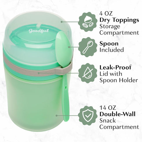 Goodful Double Wall Insulated Yogurt Container, Leak Proof Food Storage, Snack Container with Reusable Plastic Spoon, Microwave Safe, Dishwasher s...