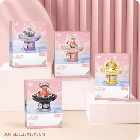 Flower Building Blocks Set with Dust-Proof Dome,Simulation Bouquet for Valentine's Day,Bonsai Building Bricks Toys,Home Decor (Pink)...