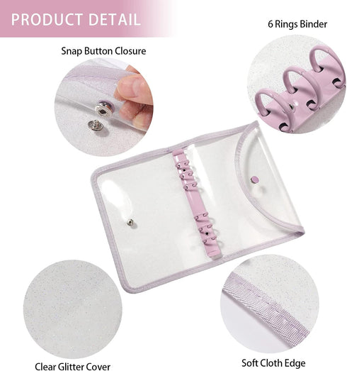 2 Pieces Clear PVC A6 Refillable Binder Covers, Shiny 6-Ring Personal Notebook Shell, Round Ring Binder Pocket with Snap Button Lock for Filler Or...