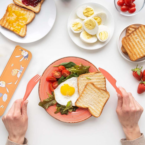 4 Sets Travel Utensils with Case - Cute Rabbit Pattern, Wheat Straw Reusable Utensils Set with Case Portable Utensils Set with Case for Travel Pic...