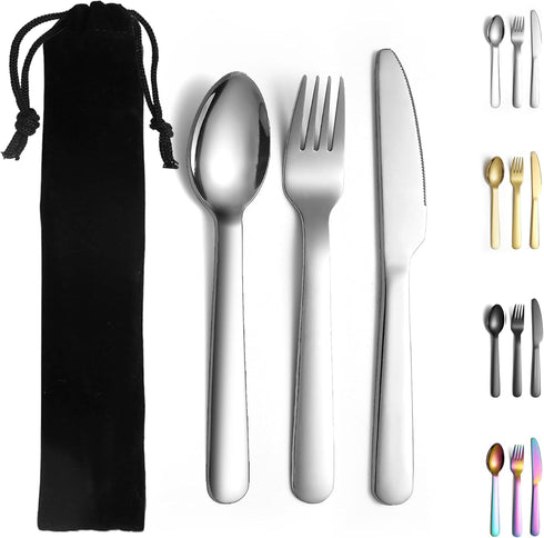 3 Piece Portable Silverware Set, Include Knife Fork Spoon, Camping Cutlery Set With Black Bag, For Home Kitchen Camping Travel, Dishwasher Safe...
