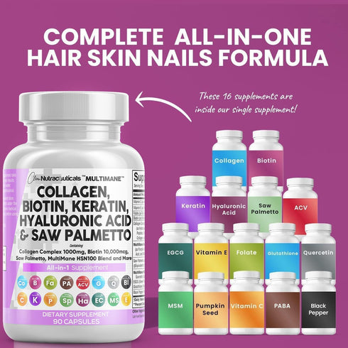 Collagen Pills 1000mg Biotin 10000mcg Keratin Saw Palmetto 2500mg Hyaluronic Acid - Hair Skin and Nails Vitamins and DHT Blocker with Vitamin E Fo...
