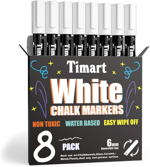 Timart 8 Pack White Chalk Markers, 6mm Liquid Chalk Markers for Chalkboards Signs, Blackboards, Windows, Glass- Reversible Tip, 24 Chalkboard Labe...