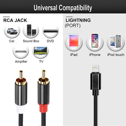 Lightning to RCA Audio Cable Long,2-Male Y Splitter Aux Aduio Cord Adapter Compatible with iPhone 14 13 12 11 XS XR X 8 7 6 5 iPad iPod to Car, Ho...