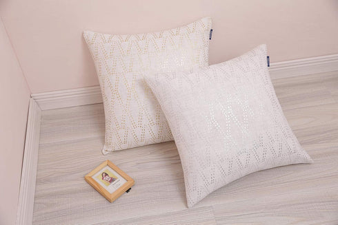 Gold Sofa Throw Pillow Cover 1pc 20X20inch Ecru White Textural Linen Look Metallic Print Rhombus Wavy Christmas Geometric Decorative Pillowcase Co...
