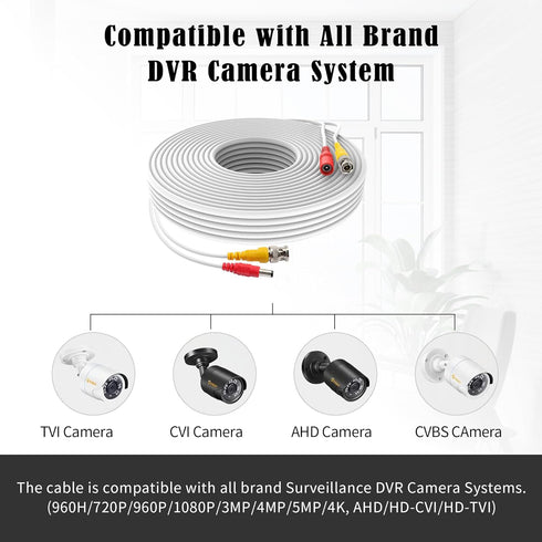 1 Pack 50ft White BNC Video Power Cable Security Camera Cable Wire Cord for CCTV DVR Surveillance System with Connectors (BNC Female and BNC to RC...