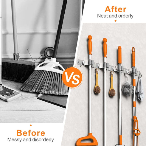 Mop and Broom Holder Wall Mount, Upgraded Broom Organizer Wall Mount, Stainless Steel Broom Hanger Wall Mount for Home Kitchen Garden Laundry Gara...