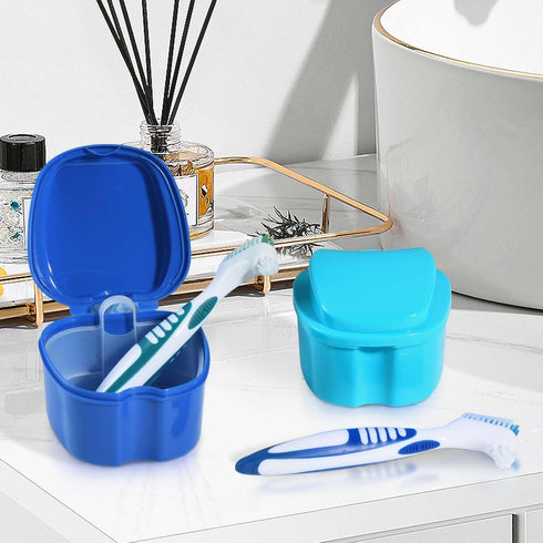 2 Pack Denture Bath Case Cup Box Holder Storage Container with Denture Cleaner Brush Strainer Basket for Travel Cleaning (Light Blue and Blue)...