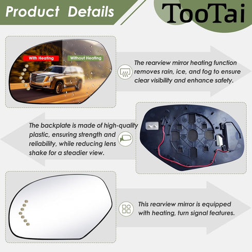 Driver Side Replacement Mirror Glass compatible with Cadillac & GMC vehicles - 2007-2008 Escalade, ESV, EXT | 2007-2008 Sierra 1500/2500HD, Yukon/...