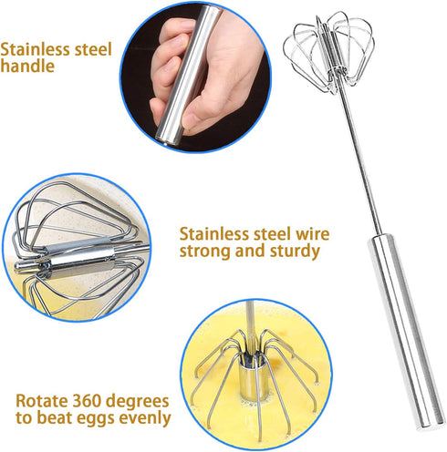 Danish Dough Whisk Bread Mixer&Egg Whisk Kits, 2 Pack Premium Stainless Steel Dutch Whisk & 1 Pack Hand Push Rotary Whisk Blender Pastry or Pizza ...