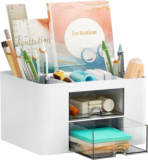 Desk Organizer with 4 Compartments and 2 Drawers, Pen Holder for Desktop Storage, Makeup Organizer, Desk Organization and Accessories for School, ...