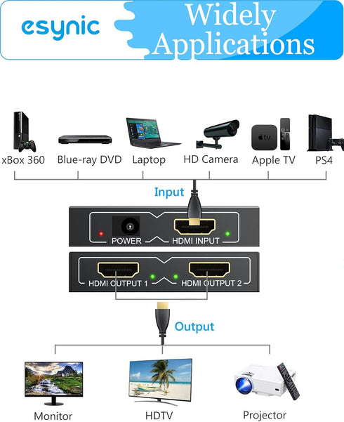 eSynic 4K/30HZ HDMI Splitter 2 Way HDMI Splitter 1 in 2 Out HDMI 1.4 Double Monitors for HDTV PS4 Blu-ray Player Laptop Satellite etc(Not Support ...