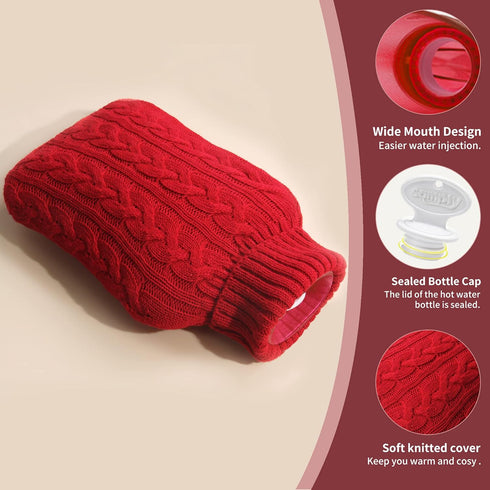 samply Hot Water Bottle with Knitted Cover, 2L Hot Water Bag for Hot and Cold Compress, Hand Feet Warmer, Ideal for Menstrual Cramps, Neck and Sho...