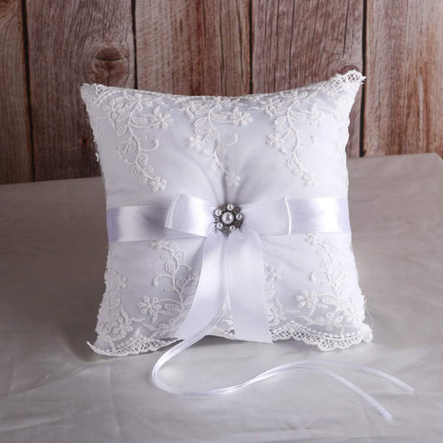 TRUE LOVE GIFT Ring Bearer Pillow and Wedding Flower Girl Basket Set Pearl Rhinestones White Satin Lace Collection...