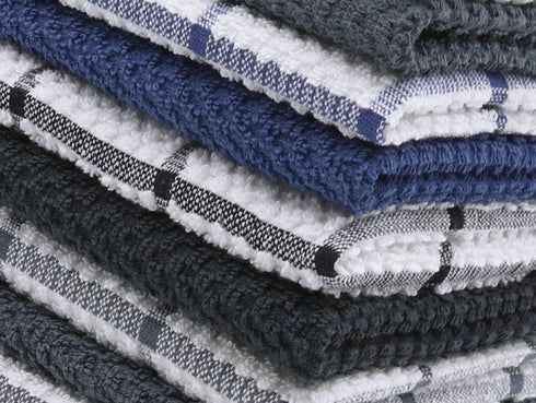 Cotton Grid Dish Cloths, Terry Cleaning Rags, 12 x 12 Inches, Light and Soft, Quick Drying Dish Rags, 8pc/Set (Blue Multi)...