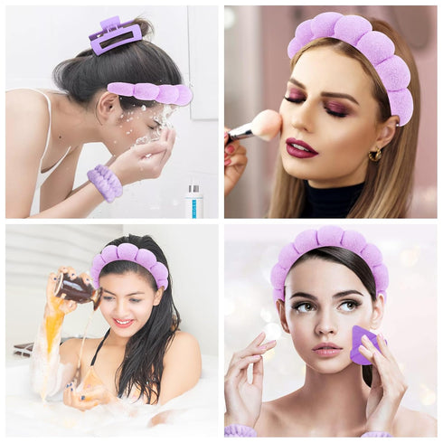YISSION Purple Spa Headband & Wristband Set Puffy Skincare Headband & Wrist Bands for Washing Face Makeup Powder Puff Large Hair Claw Clips Sponge...