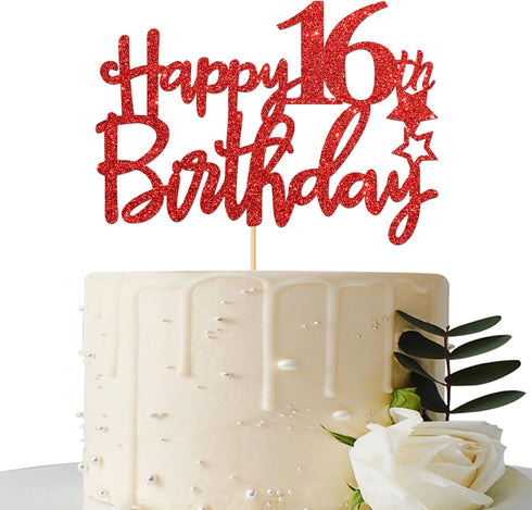 Red Glitter Happy 16th Birthday Cake Topper - Sixteen Sign Cake Topper - Cheers to 16 Years Party Supplies - 16th Birthday Party Decorations...