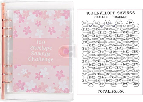 Jakiro 100 Envelopes Money Saving Challenge Binder, Cash Envelopes Money Saving Binder, Envelope Money Challenge Binder to Save $5,050 A5 Pink Cov...