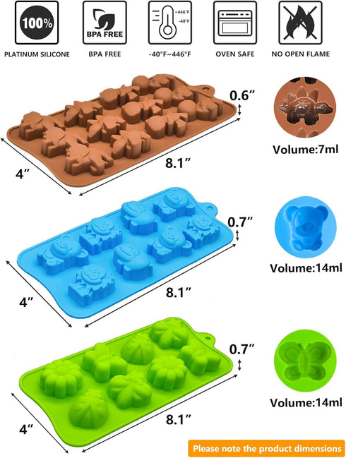 Candy Chocolate Molds Silicone, Non-Stick Animal Jello Mold Cake Moulds, Crayon Mold BPA Free, Forest Theme with Different Animals, including Dino...