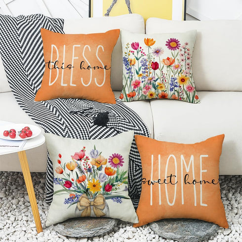 Throw Pillow Covers 18x18 Set of 4 Spring Summer Pillow Covers Floral Farmhouse Cushion Cases for Sofa Couch Living Room Outdoor Home Decor...