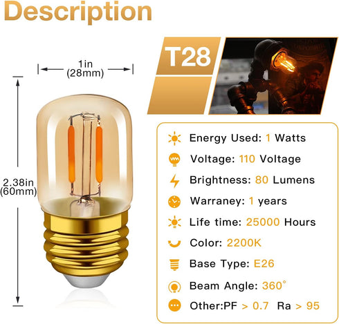 E26 LED Amber Night Light Bulbs 1W, T28 Mini Edison Tube Lamp 2200K Warm, 10W Incandescnet Equivalent,Non-Dimmable Replacement Decorative Bulb Ove...