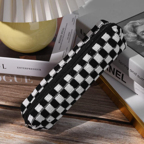Makeup Bag Checkered Cosmetic Bag Black Makeup Pouch 1Pcs Large Capacity Makeup Bags and 1Pcs Makeup Brushes Storage Bag Travel Toiletry Bag Organ...