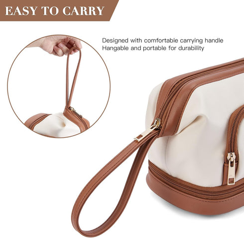 Telena Makeup Bag Large Capacity Travel Cosmetic Bags Double Layer Portable Leather Make Up Bag for Women Beige with Brown...