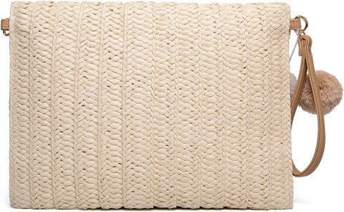 Straw Shoulder Bag Straw Clutch Women Hand-woven PomPom Straw Crossbody Bag Summer Beach Envelope Purse Wallet...