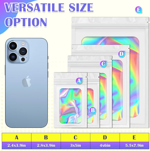 JETMORE Mylar Bags, 100 PCS Holographic Bags, White Smell Proof Bags with Front Window, Small Business Packaging Supplies, Resealable Bags for Foo...