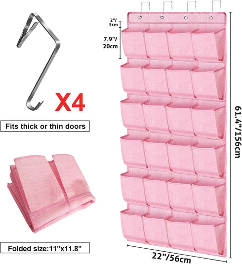 Pink Shoe Organizer Over the Door for Girls Women Kids Room,Hanging Shoe Rack Organizer for Closet Door,Zapateras Storage Holder with 24 Large Poc...