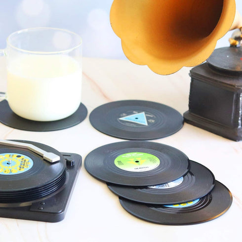 Funny Retro Record Coasters for Drinks with Vinyl Player Holder for Music Lovers,Set of 6 Conversation Piece Sayings Drink Coaster,Housewarming Ho...