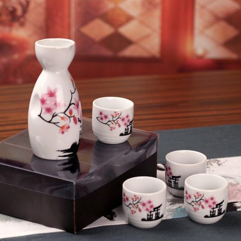 Tosnail 5 Pieces Ceramic Japanese Sake Set, 1 Serving Carafe and 4 Cups - Pink Sakura...