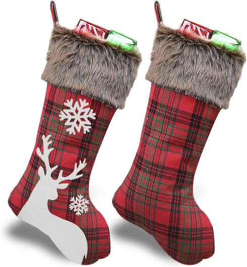 Christmas Stockings 2022, 18 Inches Burlap with Large Plaid Snowflake and Plush Faux Fur Cuff Stockings, for Home Decor (2 Pcs Plaid Snowflake)...