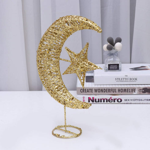Uonlytech Iron Moon and Star Ornament Glitter Christmas Table Decoration Christmas Tree Decoration Wedding Birthday Holiday Party Supply 20cm (Gol...