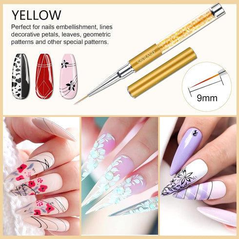 Saviland 6pcs Nail Art Liner Brushes Set - Nail Gel Polish Painting Nail Art Design Brush Pen Set with Crushed Diamond Rhinestones Handle for Pull...