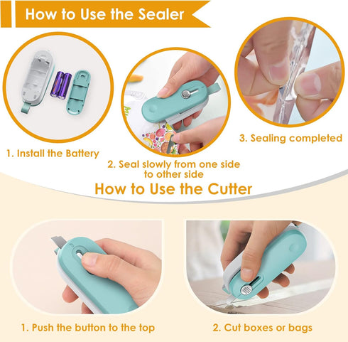 Mini Bag Sealer, 2 in 1 Bag Sealer Heat Seal with Cutter and with Lanyard, Mini Bag Resealer Machine for Plastic Bags Snack Bags Food Storage (Bat...