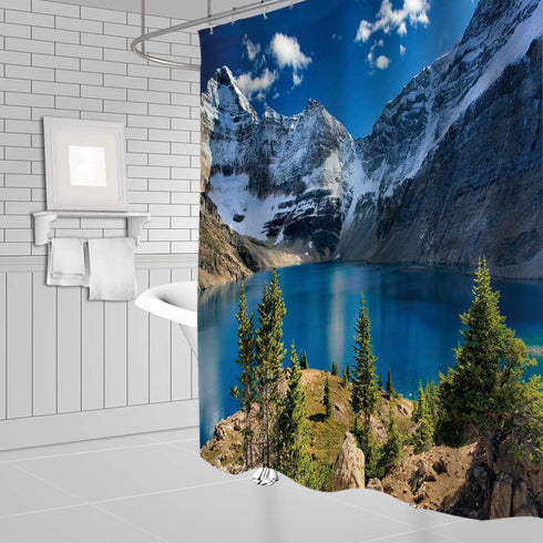 Mountain Shower Curtain Nature Landscape Mountain Lake Blue Sky White Cloud Scenic Print Simple Home Fabric Bath Curtain Bathroom Decor Set Includ...
