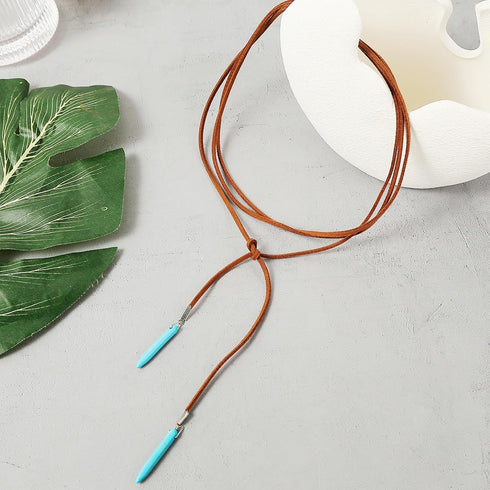 INENIMARTJ Boho Leather Necklaces for Women Suede Choker Necklace Vintage Bohemian Turquoise Necklace Layered Leather Choker Y-Necklaces Trendy We...