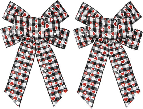 Hying 2 PCS Valentine's Day Bows for Wreath, Valentines Wreath Bows Black White Buffalo Plaid Bows Glitter Red Heart Bow Burlap Gift Bows for Fron...
