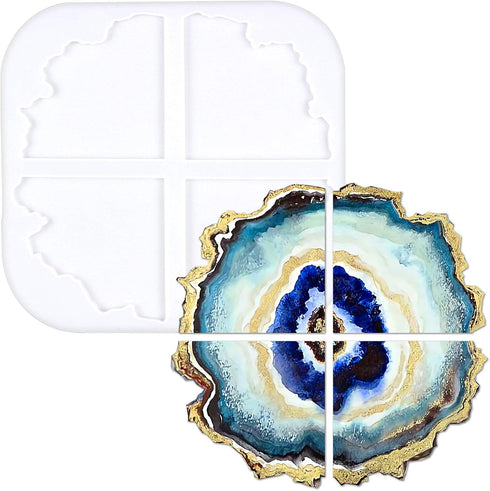 FUNSHOWCASE Agate Coaster Epoxy Resin Silicone Mold Round Geode Stone Slice Segments 4 Irregular Shapes Large 10.7x10.2x0.4inch...